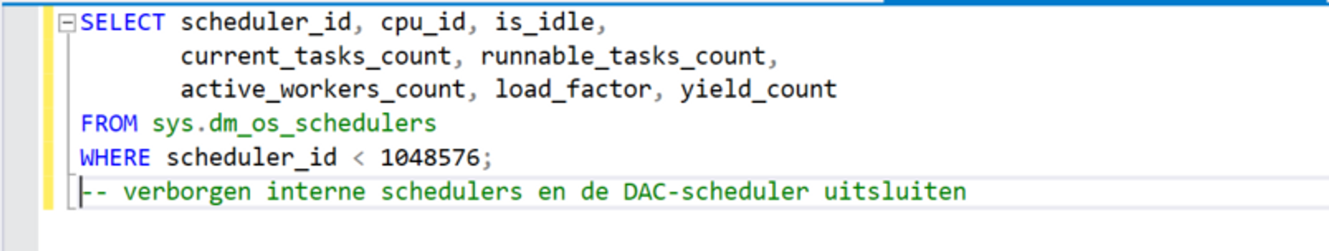 Query-uitvoer met per scheduler de load factor en het aantal wachtende taken