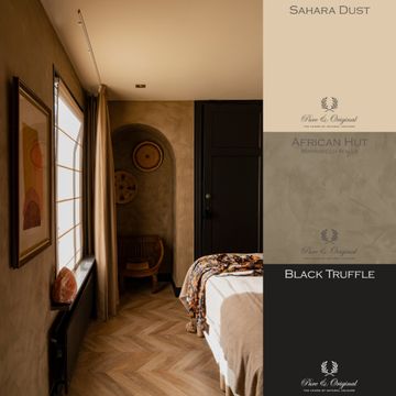 Slaapkamer geschilderd met beige Classico krijtverf in de kleur Sahara Dust, bruine Marrakech Walls in de kleur African Hut en zwarte Carazzo matte universele lak in de kleur Black Truffle van Pure & Original