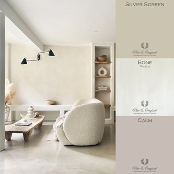 Woonkamer geschilderd met beige Fresco kalkverf in de kleur Bone van Pure & Original