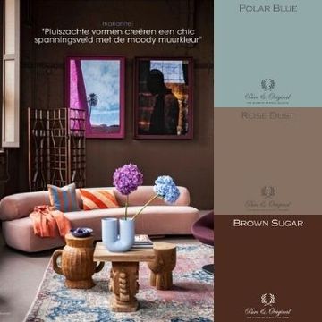 woonkamer met roze bank en brown sugar muren donkerbruine muren met lichtblauwe en oranje details Pure & Original