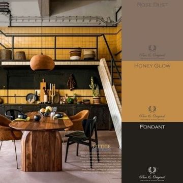 Keuken donkerbruin in de kleur fondant met gele tegels en houten accenten en meubels Pure & Original