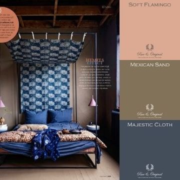 Slaapkamer met Mexican Sand op de muren, blauw beddengoed en roze accenten Pure & Original