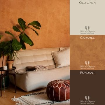 Woonkamer met Terracotta kleurige muren geschilderd met Marrakech Walls in de kleur Caramel - Pure & Original