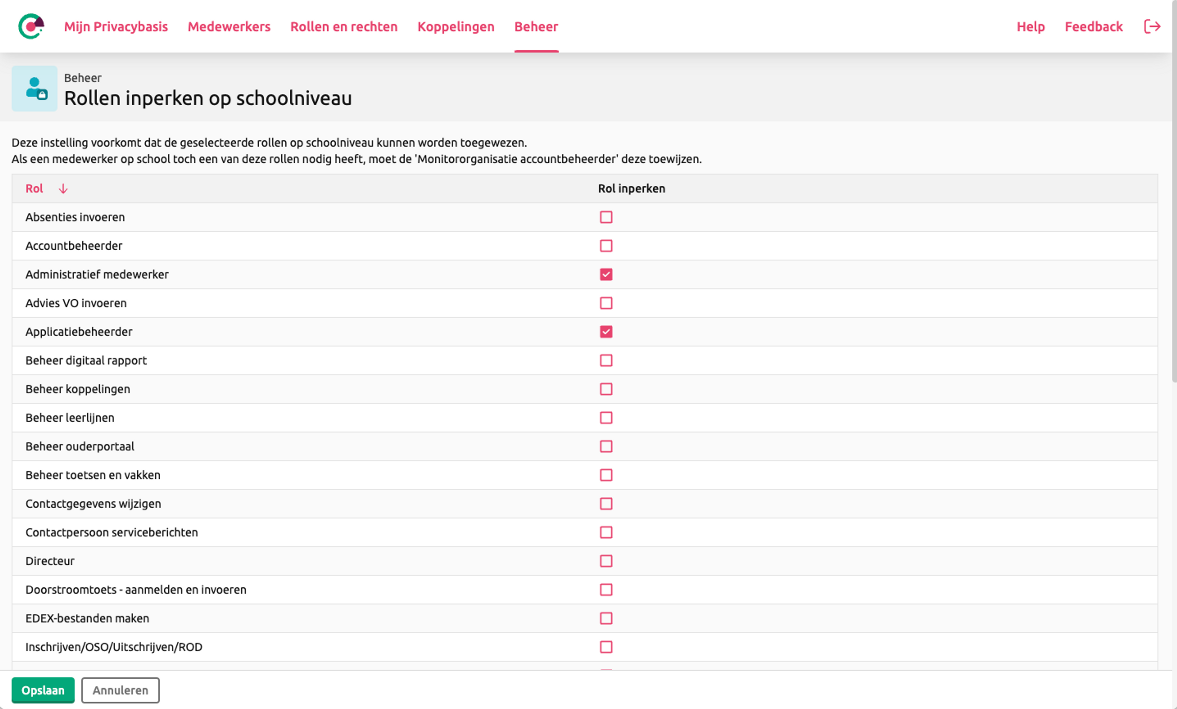 Privacybasis - rollen inperken schoolniveau